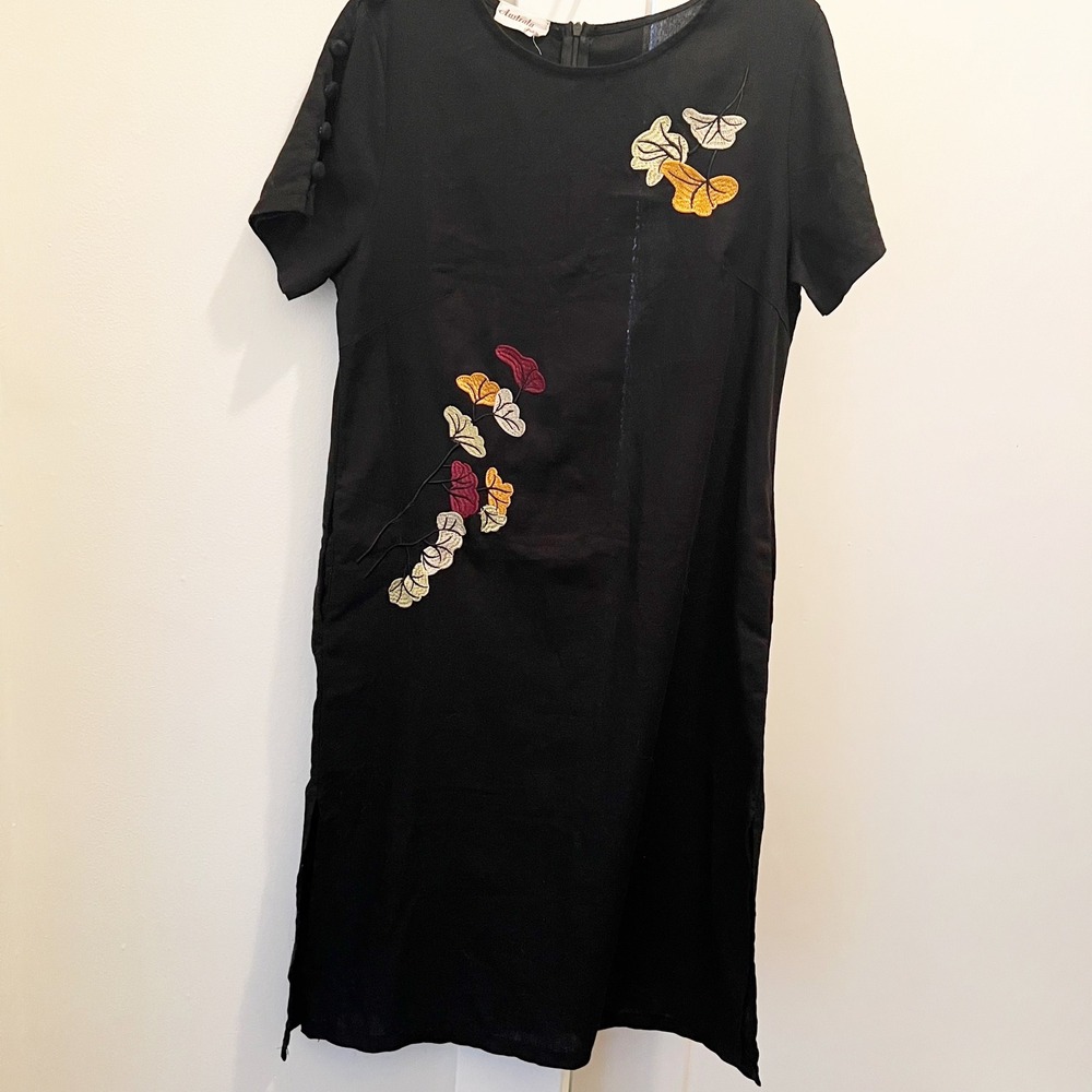 Vintage Autumn Leaves Black Midi Dress Side Slits Fall Thanksgiving